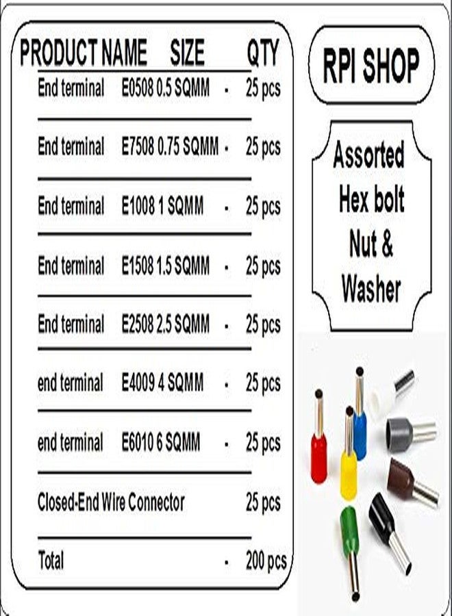 Rpi Shop - 200 Pcs Assortment Ferrule Wire Copper Crimp Connector & Closed - End Wire Connectors, 7 Different Types of End Connector (0.5 SQMM to 6 SQMM) & 1 Type of Closed End Wire Connectors - Image 3